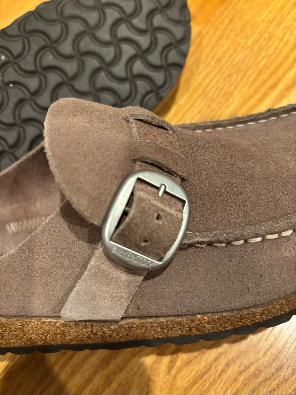 Birkenstock Suede Buckle Slip-On Clog in Taupe Brown - Picture 4 of 6